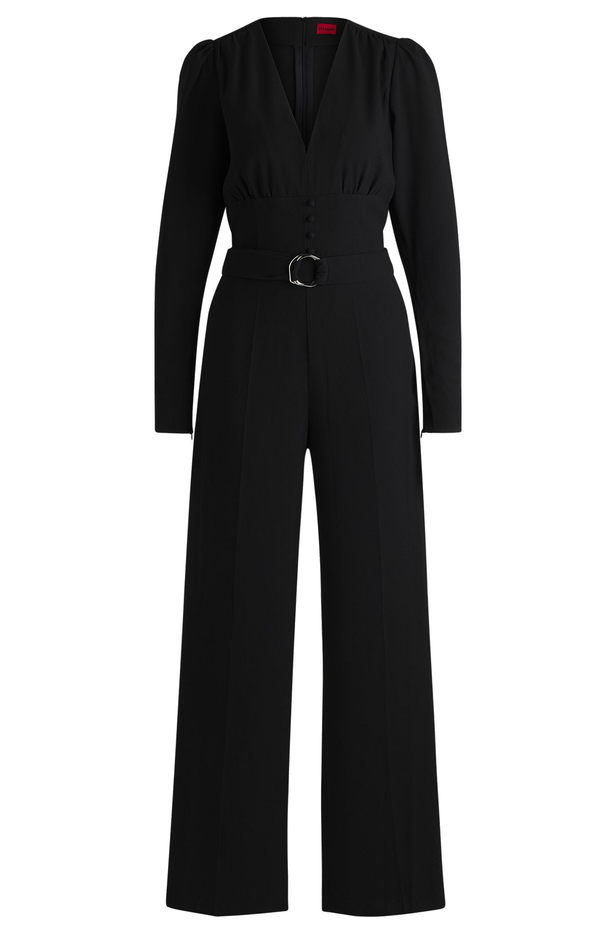 Belted jumpsuit with button closure in soft crepe, Black