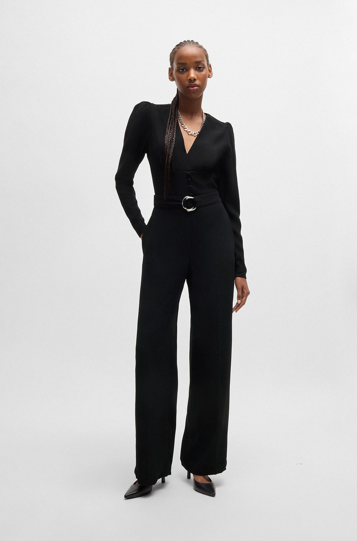Belted jumpsuit with button closure in soft crepe, Black