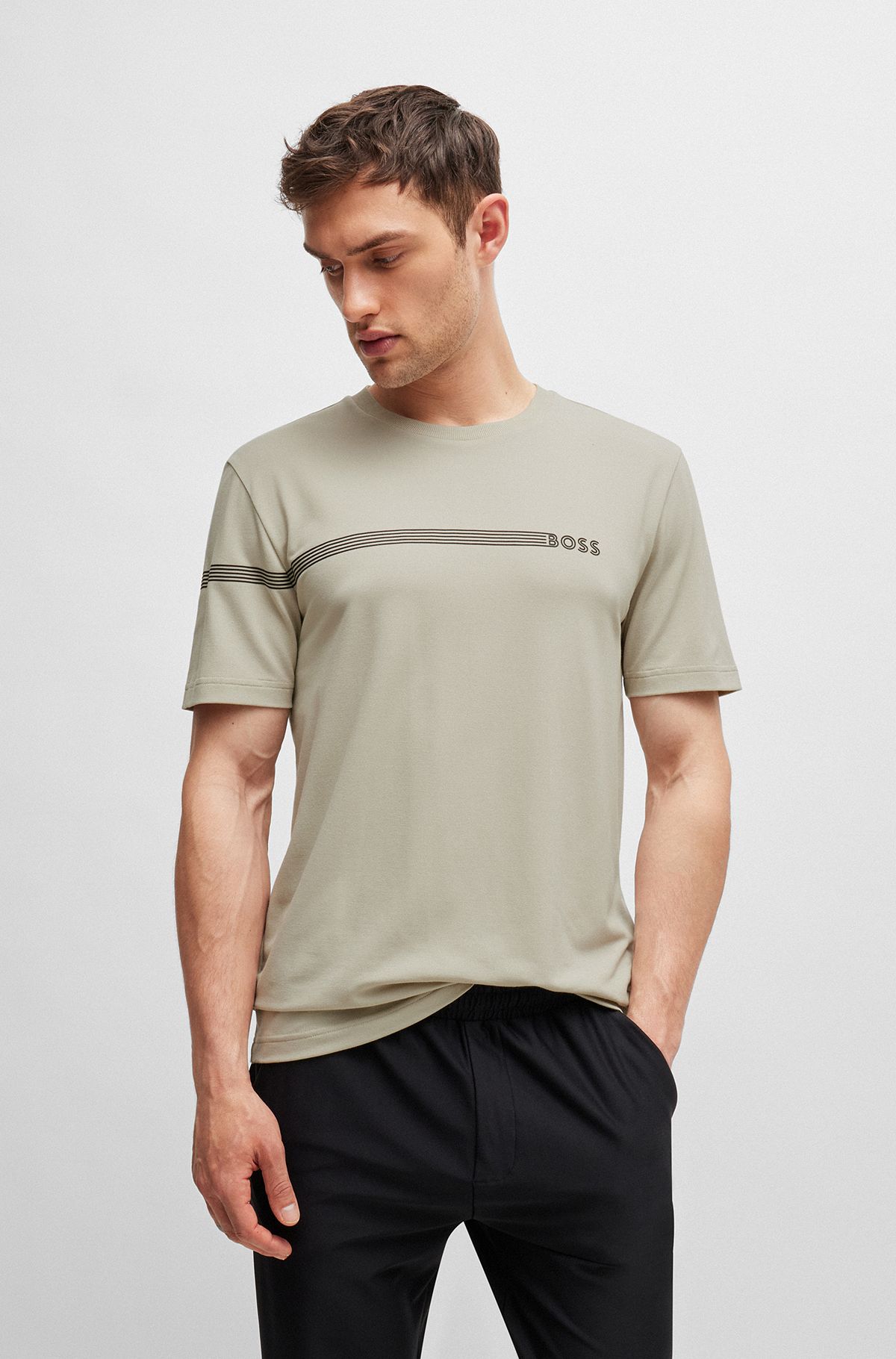 Cotton-blend T-shirt with stripes and logo, Light Beige