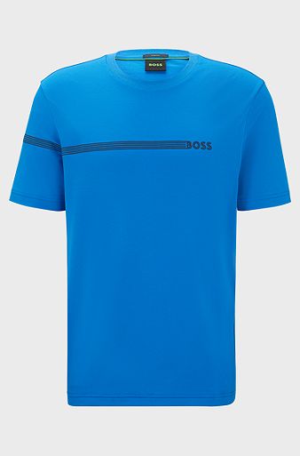 Cotton-blend T-shirt with stripes and logo, Blue