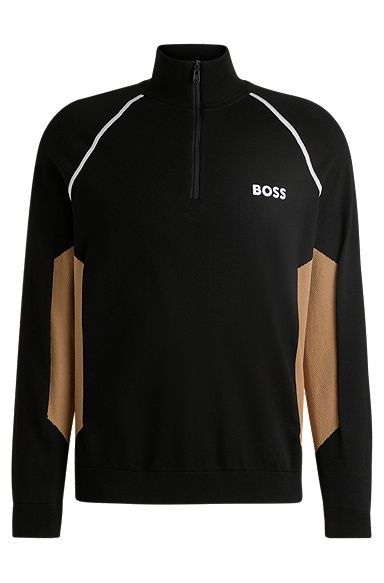 Cotton-blend sweater with colour-blocking and logo, Black