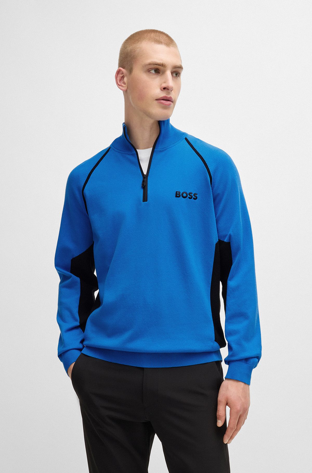 Cotton-blend sweater with colour-blocking and logo, Light Blue