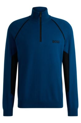 BOSS Cotton blend sweater with colour blocking and logo Blue