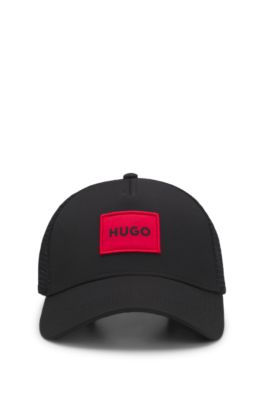 Twill trucker cap with red logo label, Black