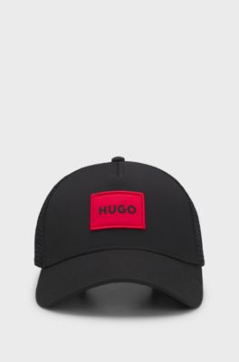 Twill trucker cap with red logo label, Black