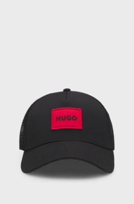 Twill trucker cap with red logo label, Black