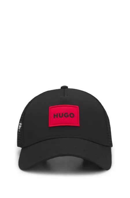 Twill trucker cap with red logo label