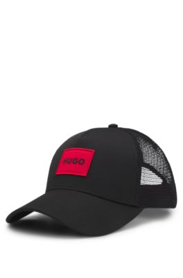 Trucker-Cap aus Twill mit rotem Logo-Etikett, Schwarz