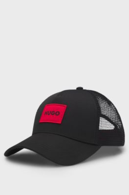 Twill trucker cap with red logo label, Black