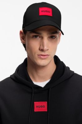 Twill trucker cap with red logo label, Black