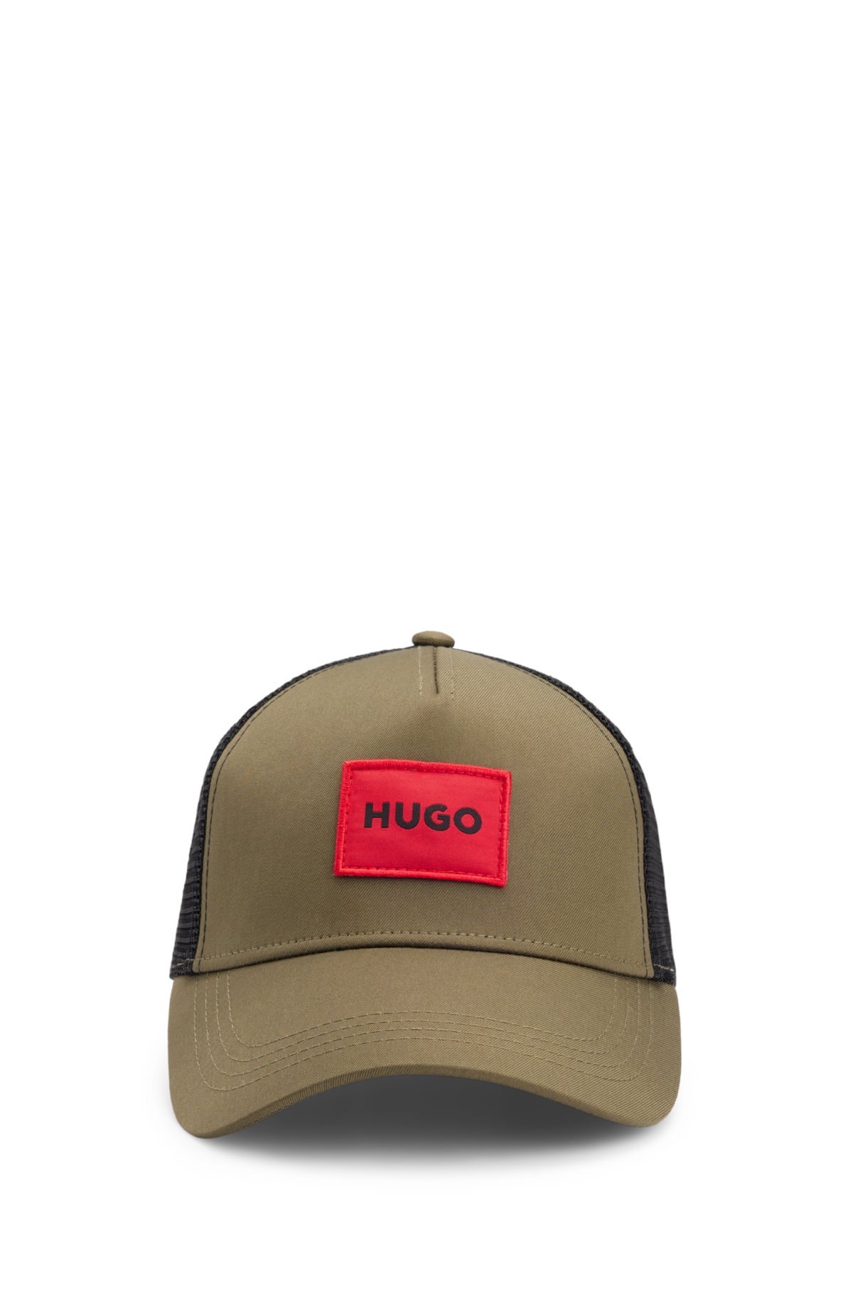 Twill trucker cap with red logo label, Khaki