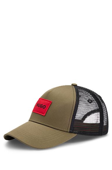 Twill trucker cap with red logo label, Khaki