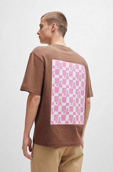 Cotton-jersey short-sleeved T-shirt with signature print, Brown