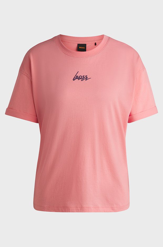Cotton-jersey T-shirt with signature print, Coral