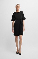 Short-sleeved dress in stretch material with tie belt, Black