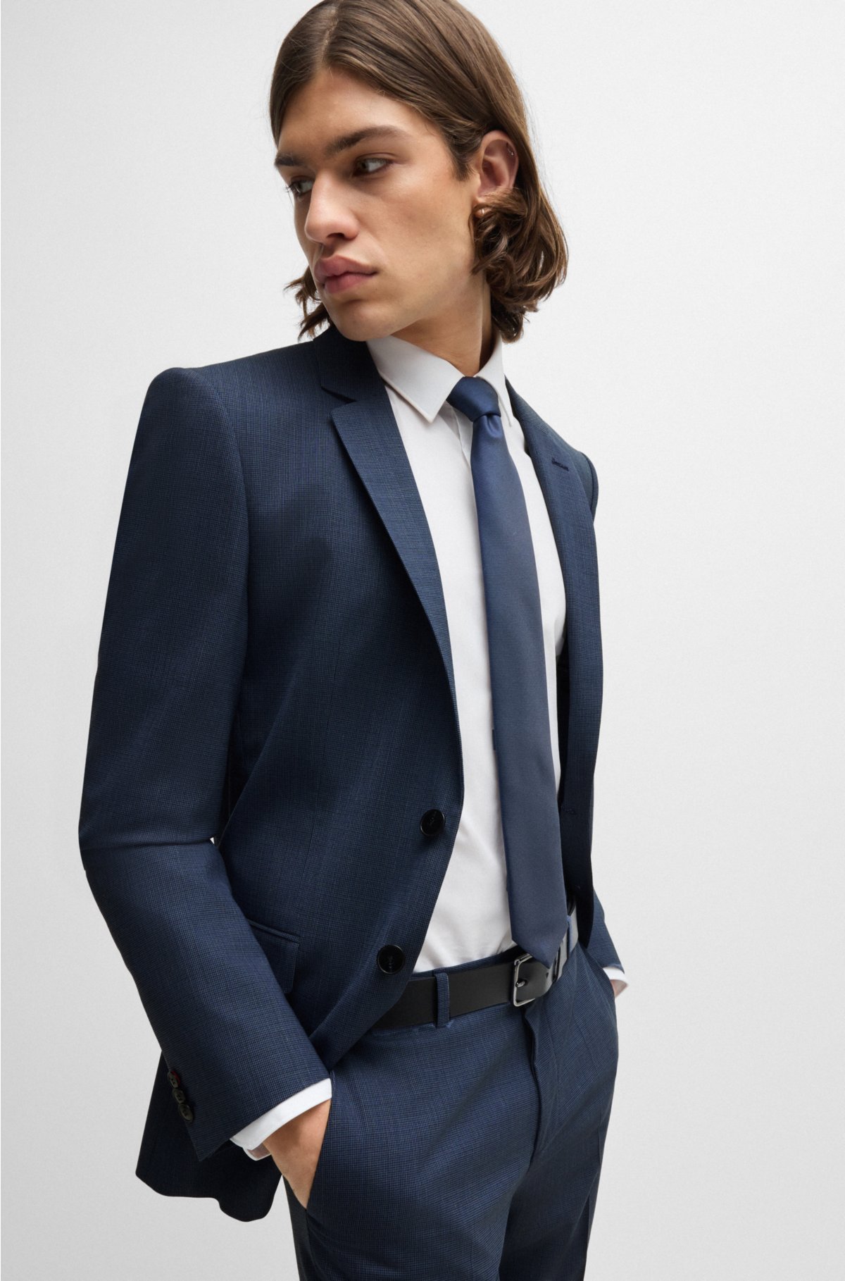 Extra-slim-fit suit in houndstooth performance-stretch fabric, Dark Blue