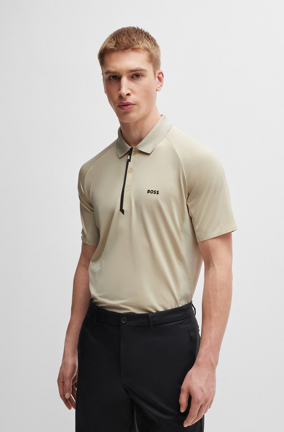 Mixed-material polo shirt with decorative reflective logo, Light Beige