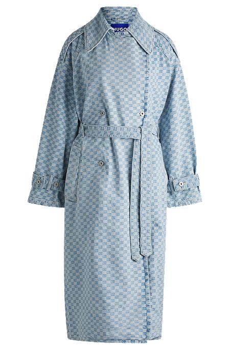 Denim trench coat with checkerboard jacquard, Light Blue