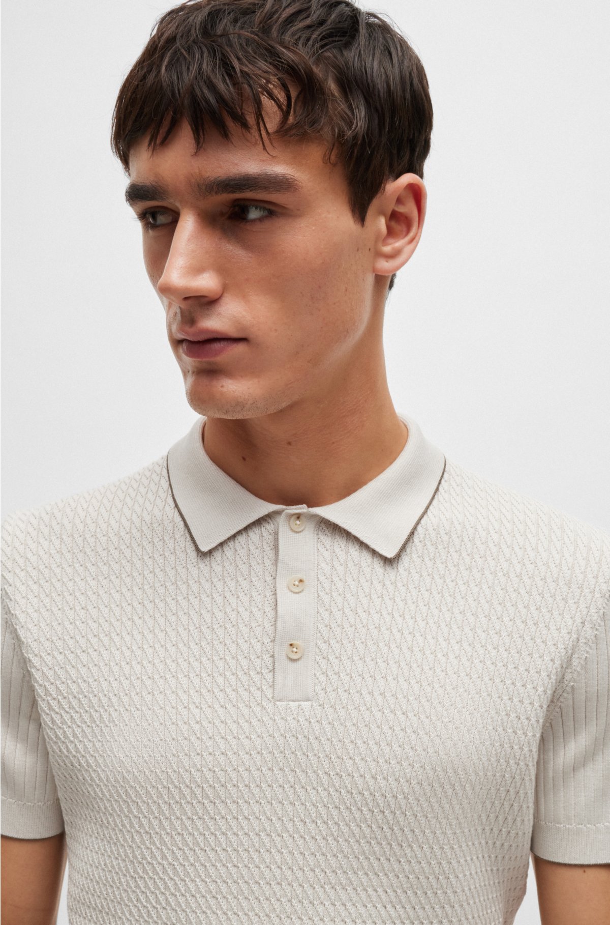 Mixed-knit polo sweater in silk and cotton, Natural