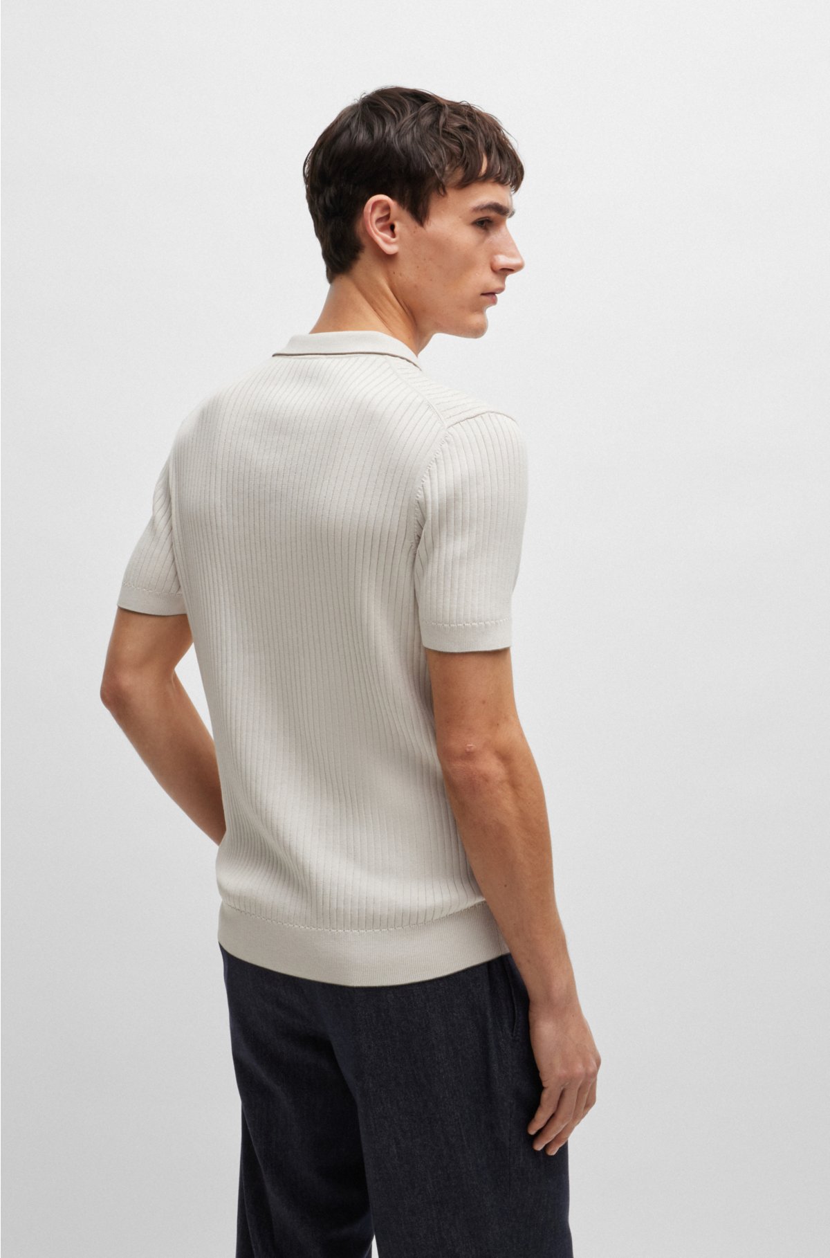 Mixed-knit polo sweater in silk and cotton, Natural