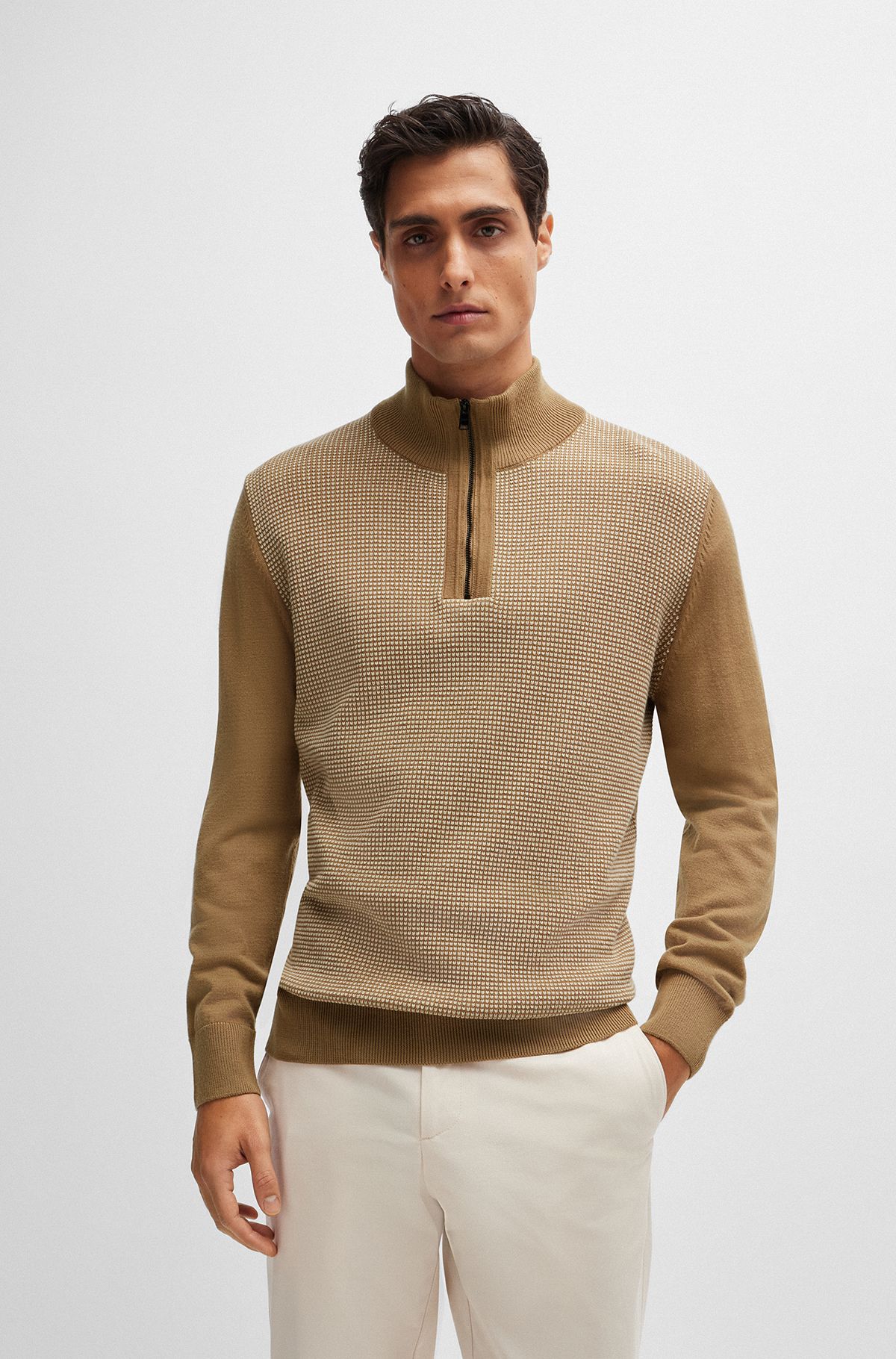Virgin-wool zip-neck sweater with mixed structures, Beige