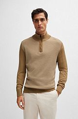 Virgin-wool zip-neck sweater with mixed structures, Beige