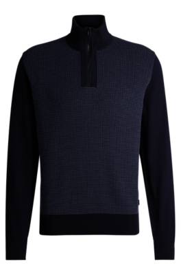 Hugo Boss Virgin-wool Zip-neck Sweater With Mixed Structures In Blue