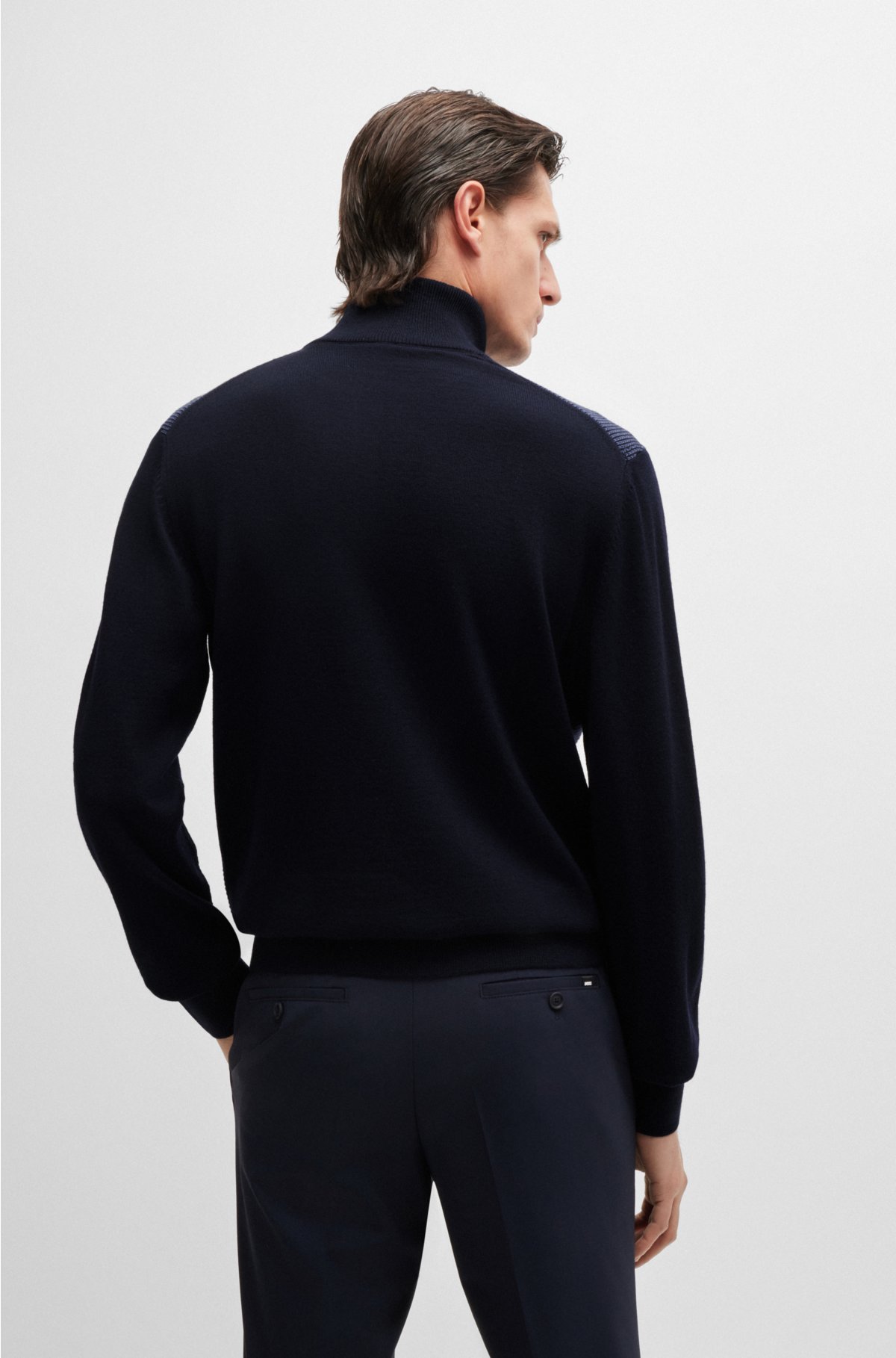 Virgin-wool zip-neck sweater with mixed structures, Dark Blue