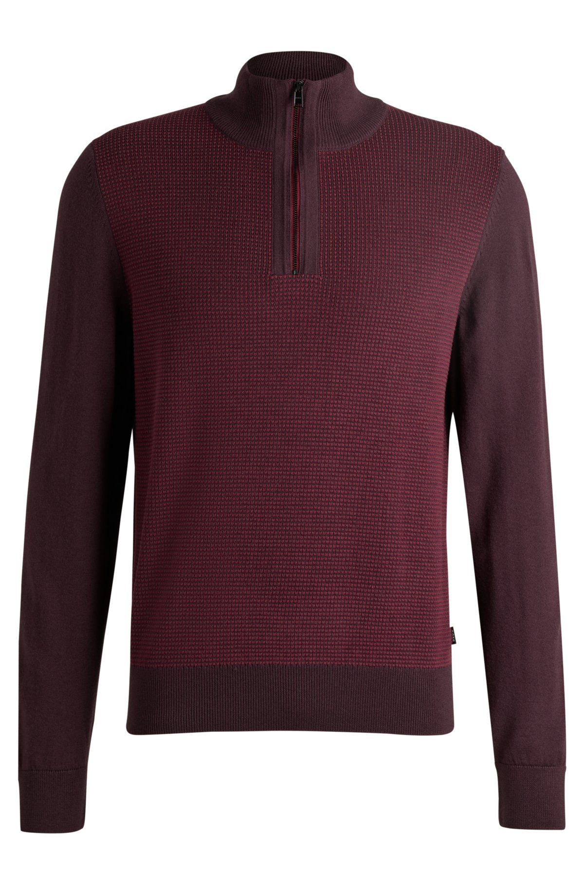 Virgin-wool zip-neck sweater with mixed structures, Light Red