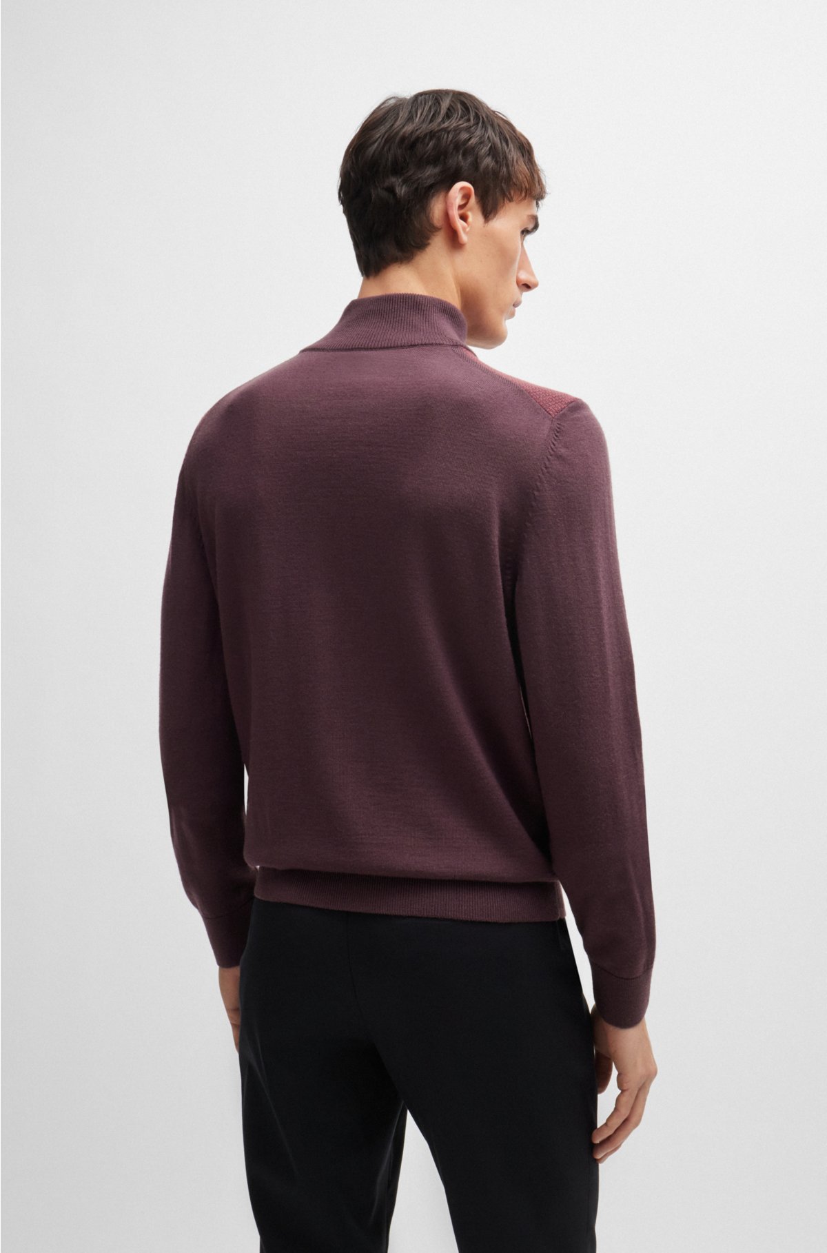 Virgin-wool zip-neck sweater with mixed structures, Light Red