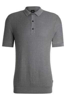 Hugo Boss Regular-fit Polo Sweater With Mixed Structures In Gray