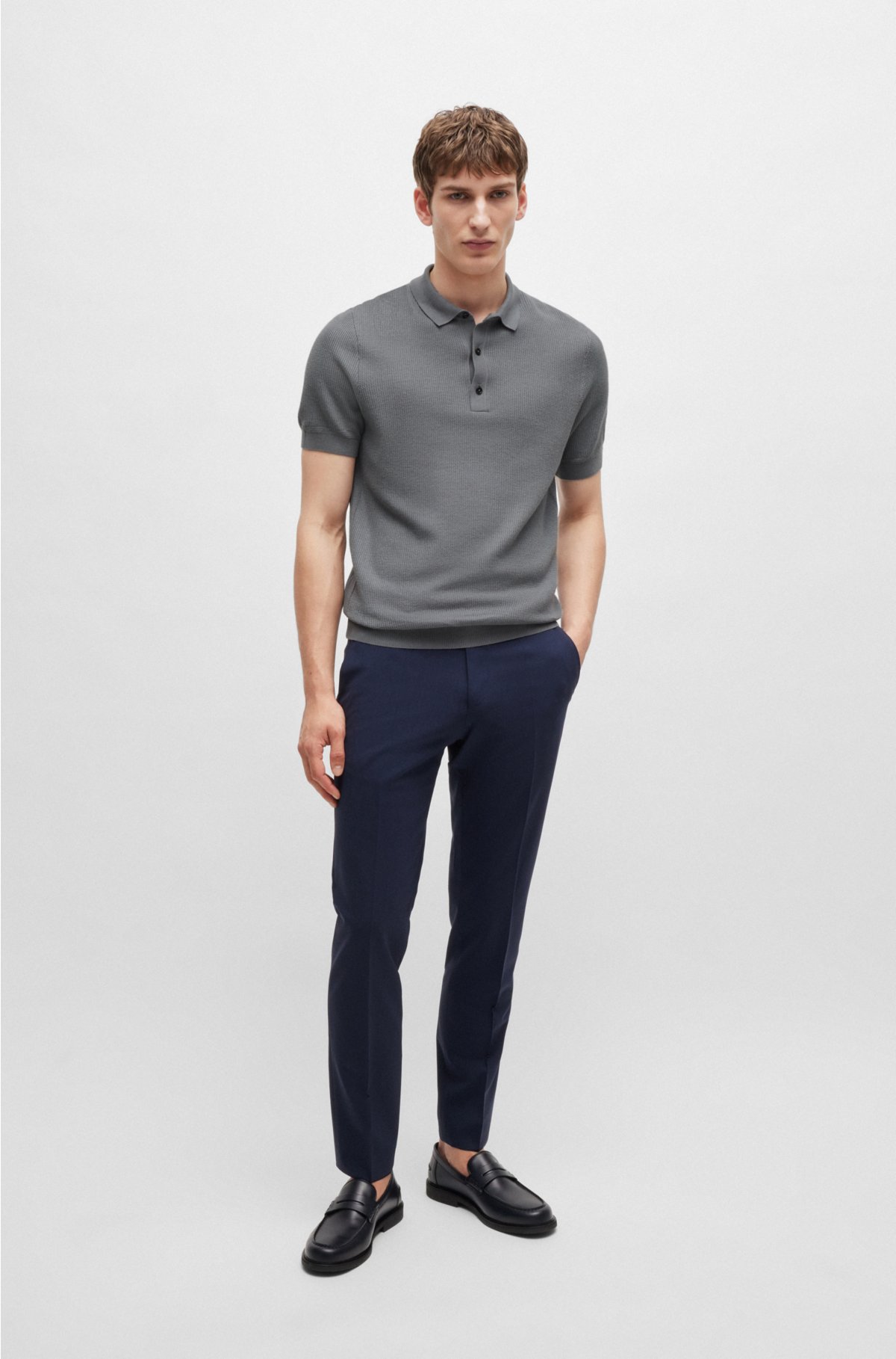 Regular-fit polo sweater with mixed structures, Grey