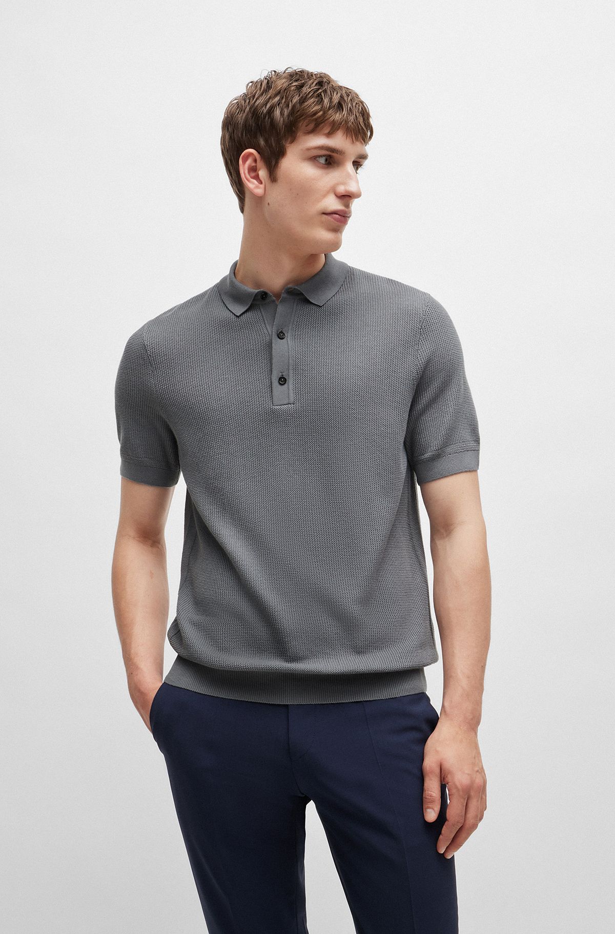 Regular-fit polo sweater with mixed structures, Grey