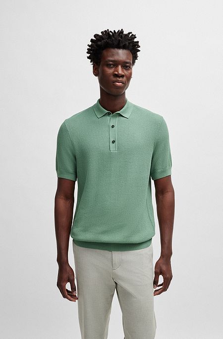 Regular-fit polo sweater with mixed structures, Light Green