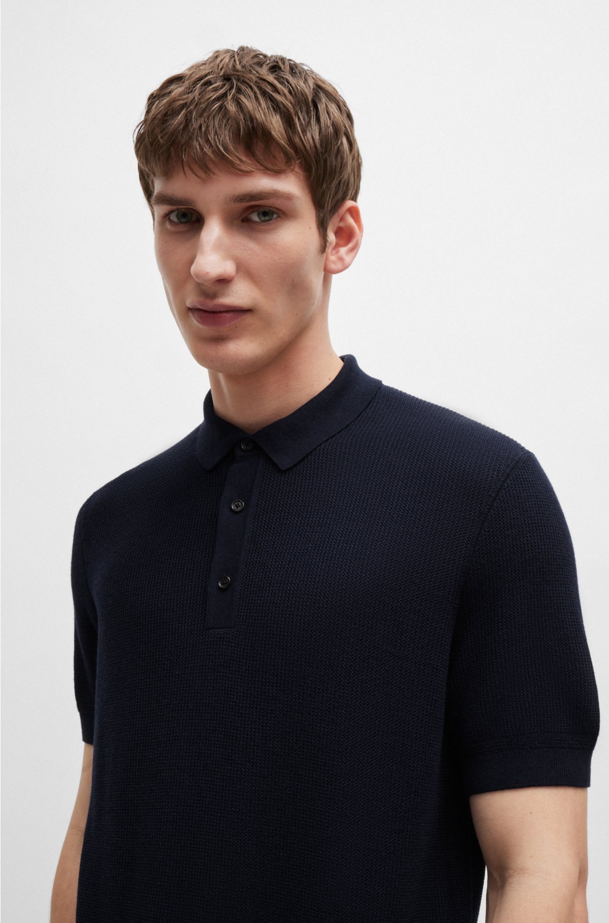 Regular-fit polo sweater with mixed structures, Dark Blue