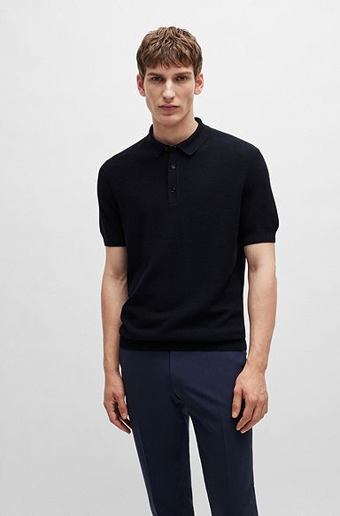 Regular-fit polo sweater with mixed structures, Dark Blue