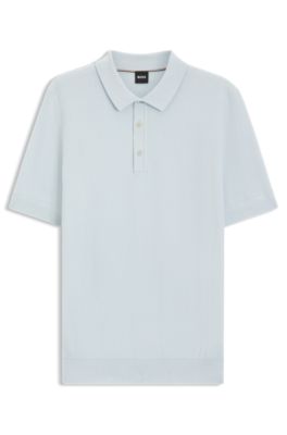 Regular-fit knit polo with mixed structures, Light Blue