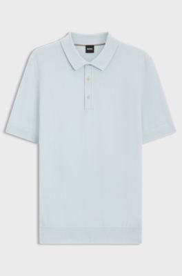Regular-fit knit polo with mixed structures, Light Blue