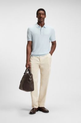 Regular-fit knit polo with mixed structures, Light Blue