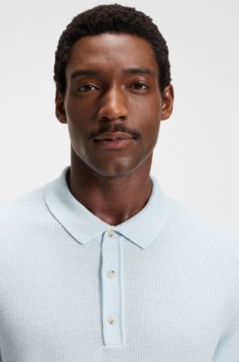 Regular-fit knit polo with mixed structures, Light Blue