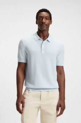 Regular-fit knit polo with mixed structures, Light Blue