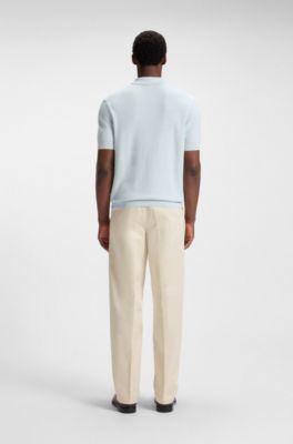 Regular-fit knit polo with mixed structures, Light Blue