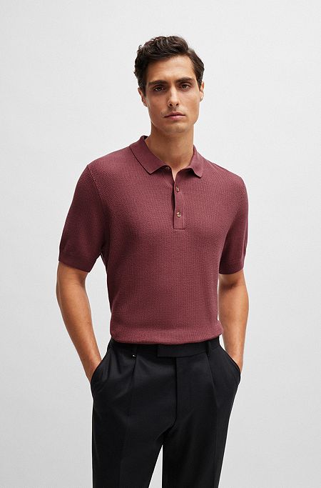 Regular-fit polo sweater with mixed structures, Dark Red