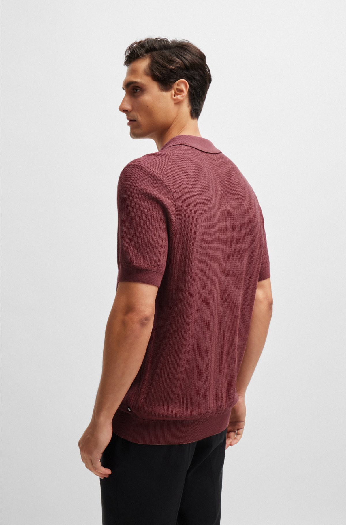 Regular-fit polo sweater with mixed structures, Dark Red