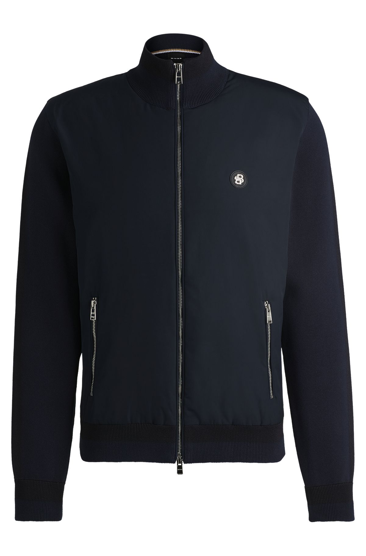 Mixed-material zip-up jacket with double-monogram badge, Dark Blue