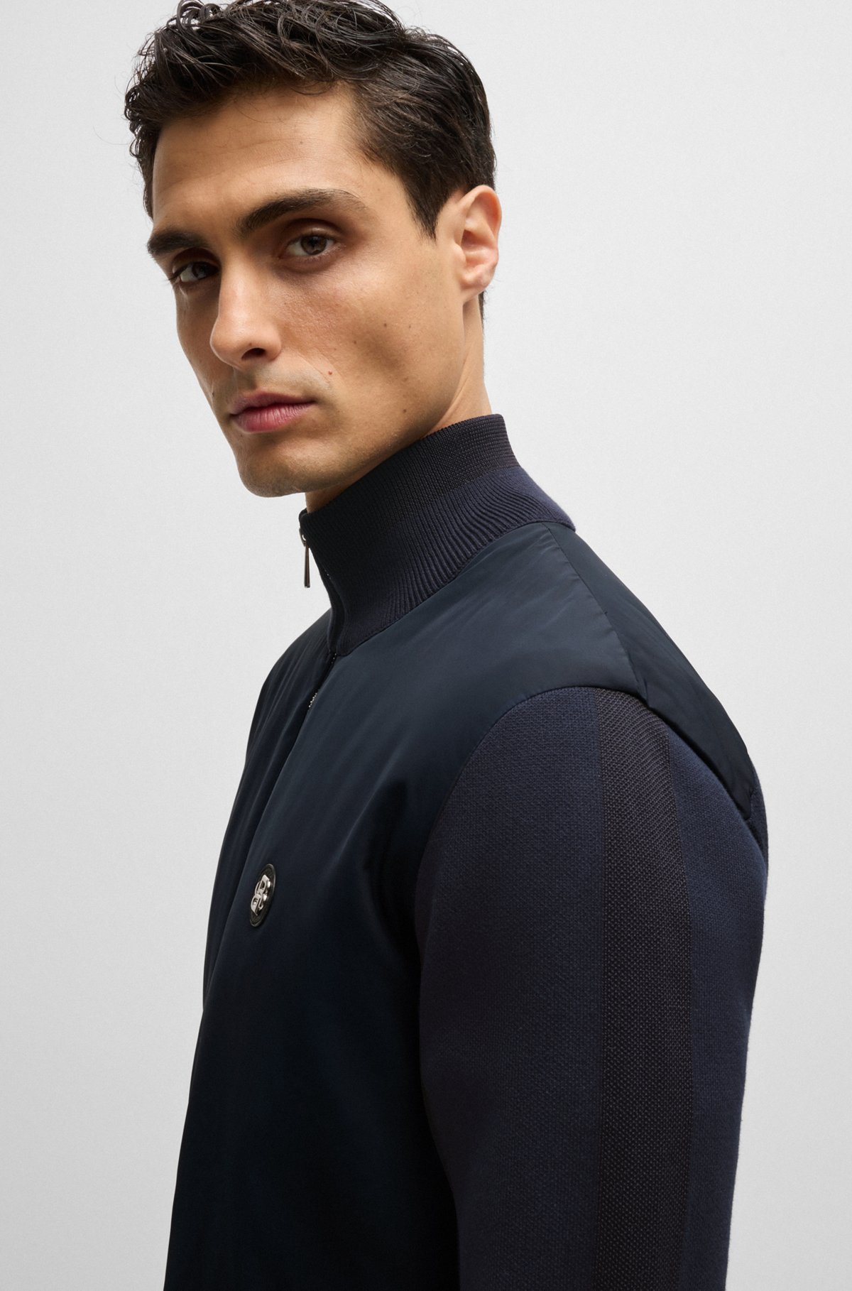 BOSS - Mixed-material zip-up jacket with double-monogram BOSS - Mixed-material zip-up jacket with double-monogram