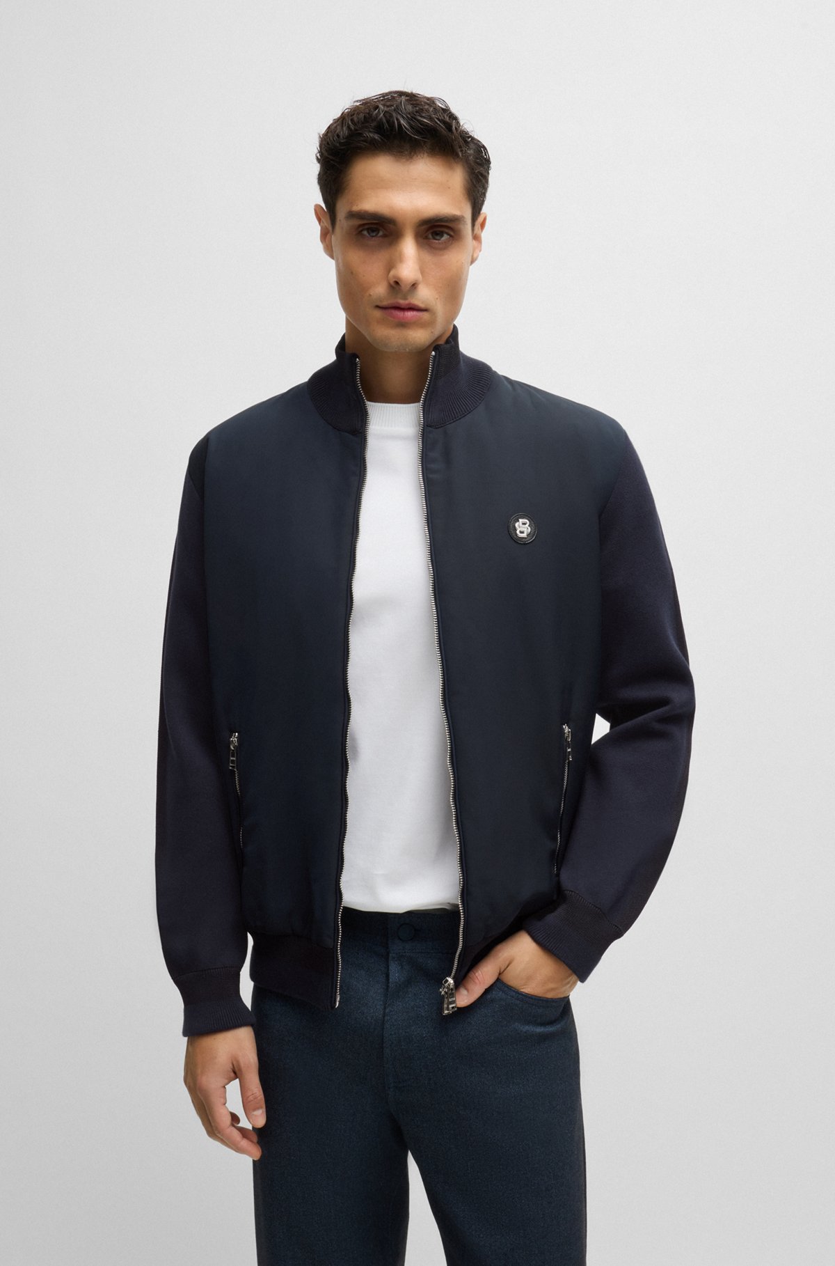 BOSS - Mixed-material zip-up jacket with double-monogram BOSS - Mixed-material zip-up jacket with double-monogram