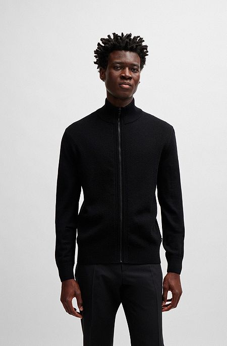 Zip-up cardigan in virgin wool with mixed structures, Black