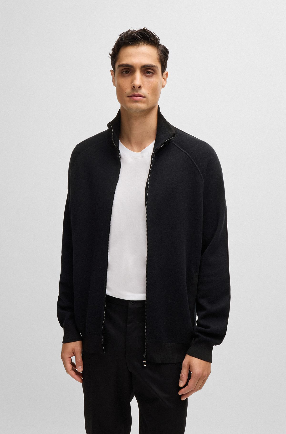 BOSS - Zip-up cardigan in cotton and virgin wool - Black BOSS - Zip-up cardigan in cotton and virgin wool - Black