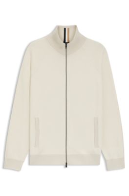 Zip-up cardigan in cotton and virgin wool, Natural